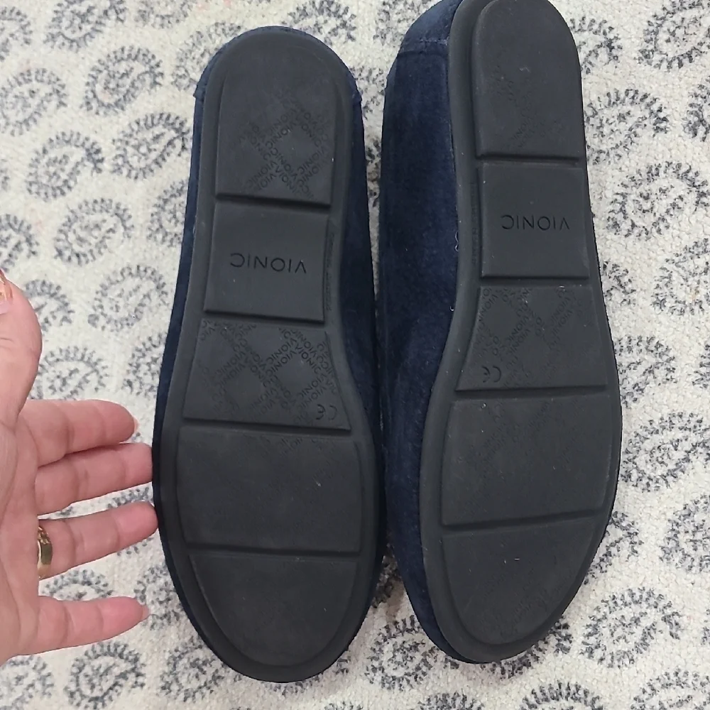 Vionic Navy Loafers with Silver Chain Accent